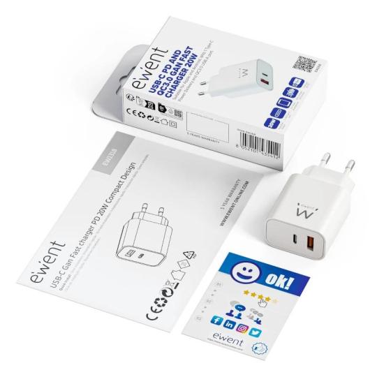 EWENT EW1318 Cargador rápido USB-C PD 20W USB-A QC