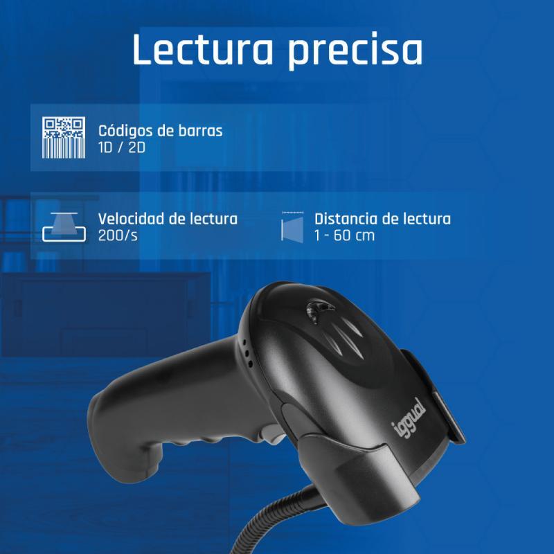 iggual Lector código barras 2D USB gatillo soporte